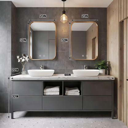 60"-96"Grey Freestanding Bathroom Vanity with Double Vessel Sinks & Gold Frame Mirrors