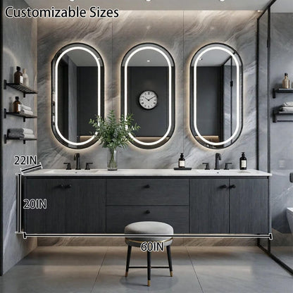 60"-96"Dark Wood Floating Bathroom Vanity with Double Sinks & LED Oval Mirrors