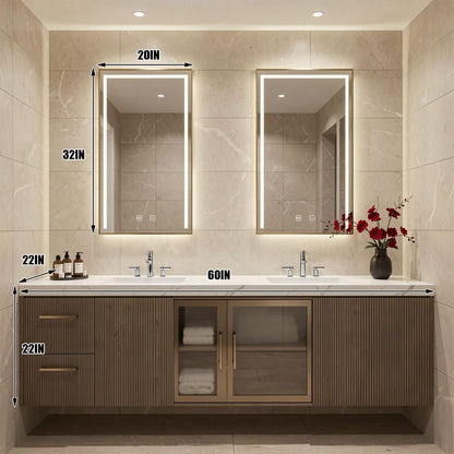 60"-96"Floating Bathroom Vanity with Double Sinks, LED Mirrors & Fluted Wood Finish