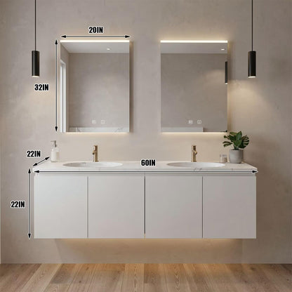 60”-96”Modern White Wall-Mounted Vanity with Double Sinks, Marble Top & LED Lighting