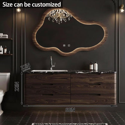 36"-64"Luxury Modern Bathroom Vanity with Black Marble Top & Wavy LED Smart Mirror