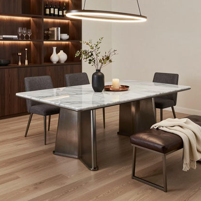 56"-96"White Marble Dining Table with Brushed Metal Bases, Modern Rectangular Kitchen Table
