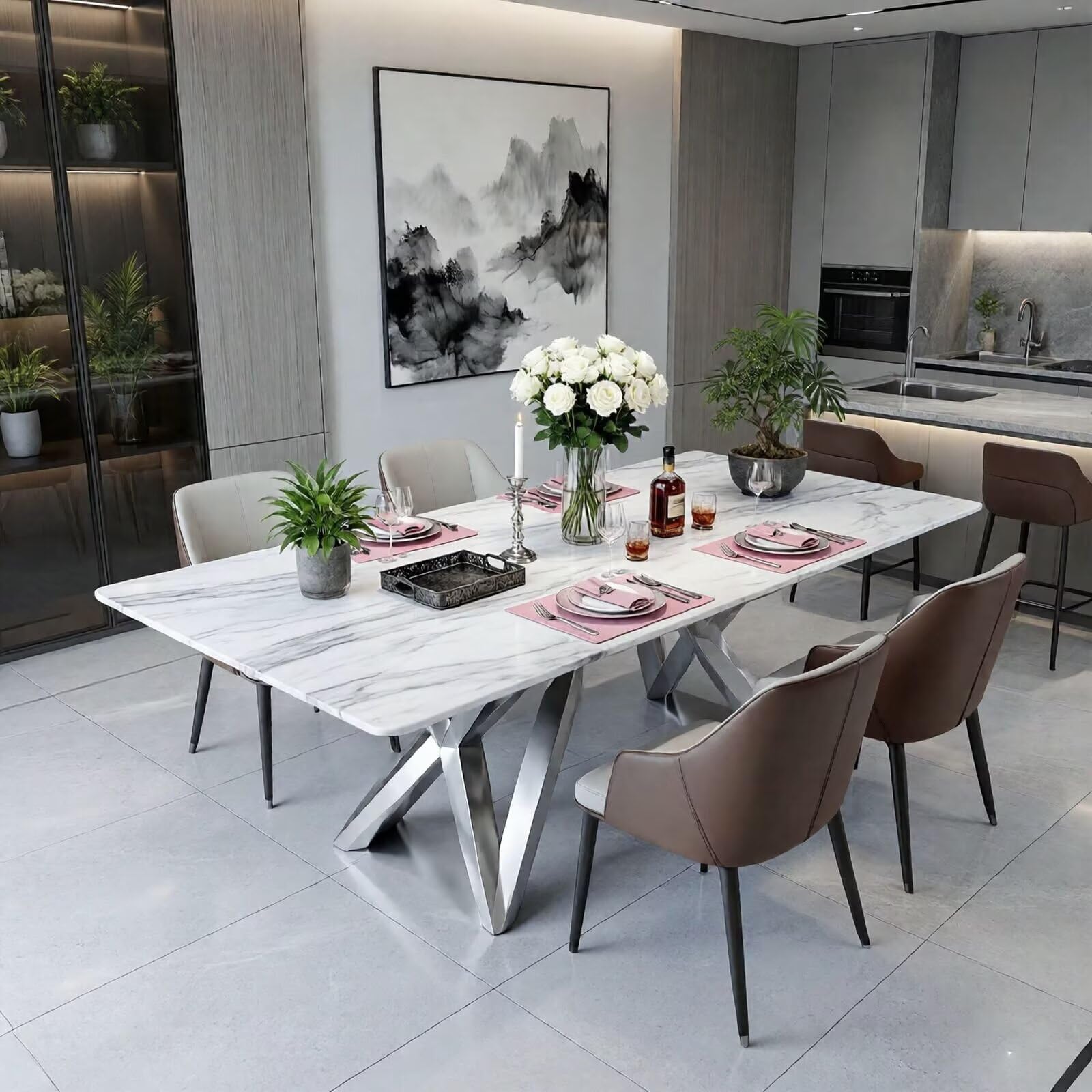 56"-96"White Marble Dining Table with Silver X-Base Legs for 6, Modern Kitchen