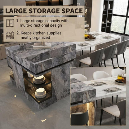 56“-96”Modern Marble Kitchen Island with LED Lighting, Multi-functional Countertop