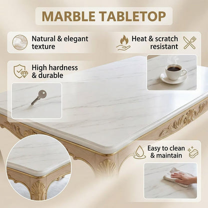 60"-80"French Style Dining Table, Elegant White Top with Gold Carved Legs for 6 People