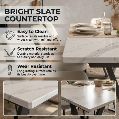 60"-80"White Marble Dining Table, Modern Rectangular Kitchen Table with Black Metal Base