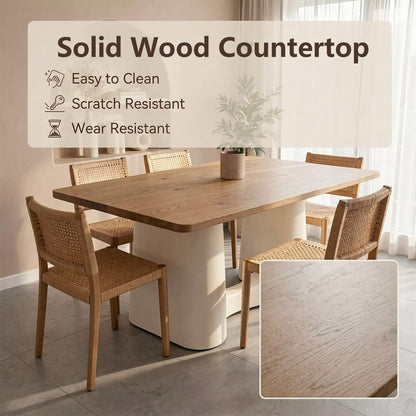 60"-80"Natural Wood Dining Table, Modern Rectangular Kitchen Table with Cream White Base