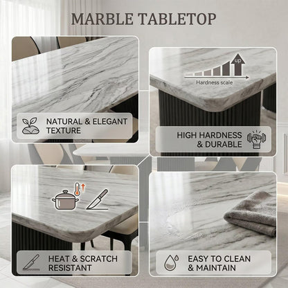 60"-80"White Marble Dining Table, Modern Rectangular Kitchen Table with Black Fluted Base
