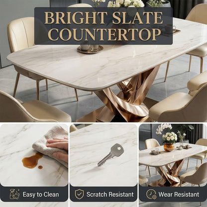 60"-80"Luxury White Marble Dining Table, Modern Kitchen Table with Elegant Rose Gold Base