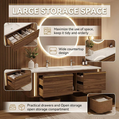 60"-84"Double Sink Floating Vanity with LED Round Mirror,Walnut Finish