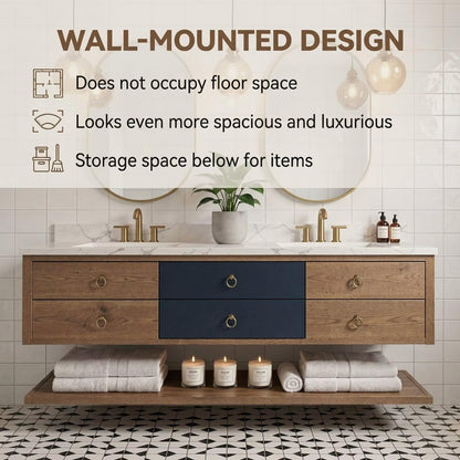 60"-96"Freestanding Bathroom Vanity with Open Shelf & Round Gold Hardware