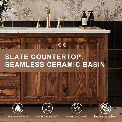 60”-96” Double Sink Freestanding Bathroom Vanity with LED Mirror Cabinet, Solid Wood Vanity with Storage Drawers & Doors