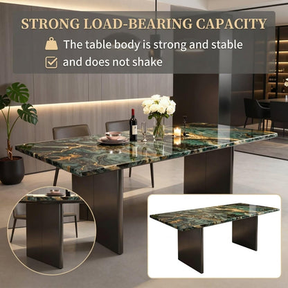 56"-96"Luxury Green Gold Marble Dining Table, Modern Rectangular Kitchen Table with Black Metal Base