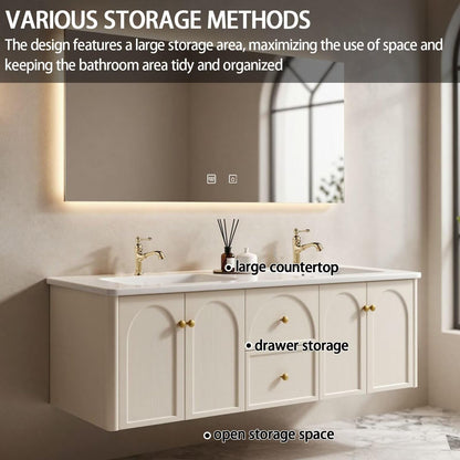 60"-84"Floating Cream Bathroom Vanity with Marble Top & LED Backlit Mirror