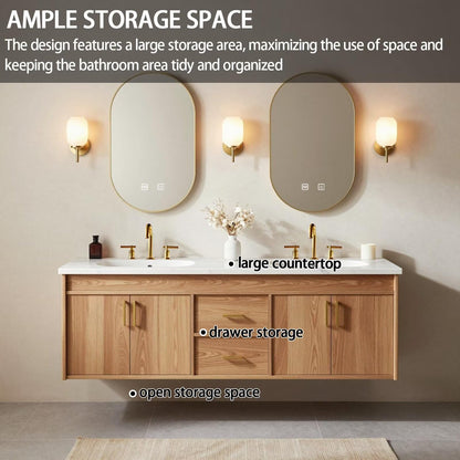 60"-84"Modern Light Wood Bathroom Vanity with Storage Drawers & LED Backlit Mirrors
