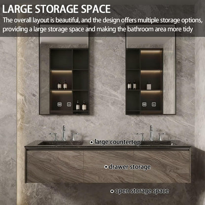 60"-84"Luxury Modern Bathroom Vanity with Black Stone Top & Smart Storage Mirrors