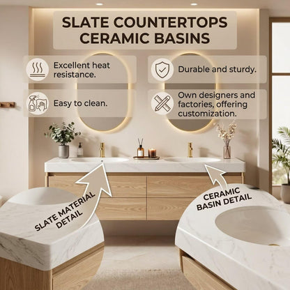 60"-84"Light Oak Floating Bathroom Vanity with Double Sinks & LED Oval Mirrors
