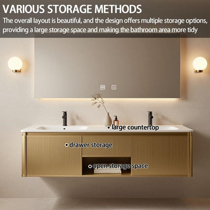 60"-84"Modern Gold Floating Bathroom Vanity Set with Fluted Doors & White Top