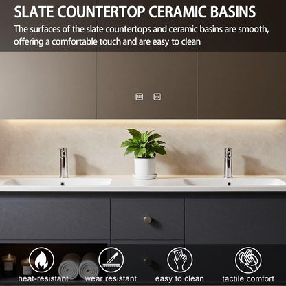 60"-84"Floating Dark Gray Bathroom Vanity with Open Shelf & Backlit LED Mirror Cabinet
