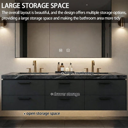 60“-84”Modern Floating Double Sink Bathroom Vanity with Smart LED Mirror & Black Marble Top