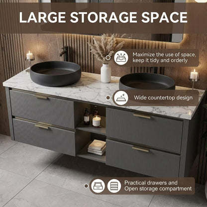 60”-84”Double Sink Floating Bathroom Vanity with LED Mirror, Dark Gray Cabinet & Black Vessel Sinks