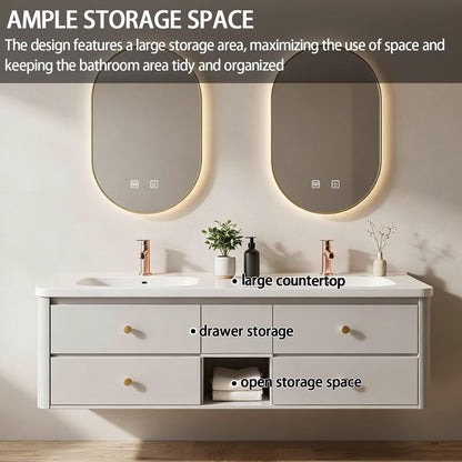 60”-84”Floating Vanity, Modern White Wall Mounted Bathroom Cabinet with Gold Trim Mirror