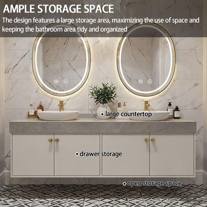 60"-84"Floating Beige Bathroom Vanity with Double Vessel Sinks & LED Round Mirrors
