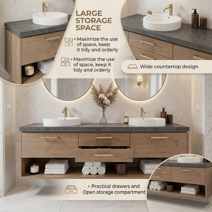 60”-96” Modern Wood Double Sink Vanity with Open Shelf, Dark Stone Top & Gold Handles