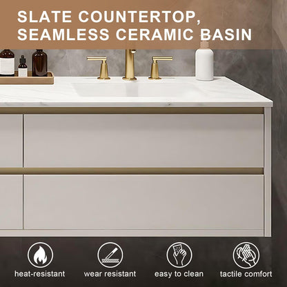 60”-84”Double Sink Floating Bathroom Vanity, White & Gold Cabinet with Arch LED Mirrors