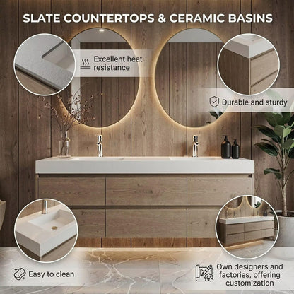 60”-96” Light Oak Floating Bathroom Vanity with Double Sinks & LED Round Mirrors