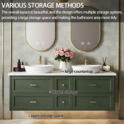 60”-84” Floating Vanity, Sage Green Double Sink Cabinet with Gold Oval LED Mirrors