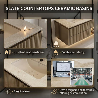 60"-84"Floating Fluted Bathroom Vanity with Double Sinks & LED Mirror