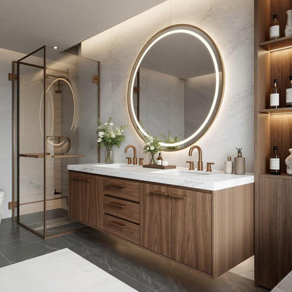 60"-96"Luxury Bathroom Vanity with Dark Walnut Finish & LED Lighted Round Mirror