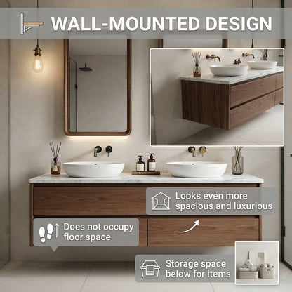 60"-84"Modern Wall-Mounted Bathroom Vanity with White Countertop & Double Vessel Sinks