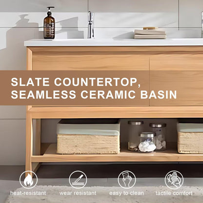 60”-76”Double Sink Freestanding Bathroom Vanity with Mirror Cabinet, Light Oak Wood Cabinet