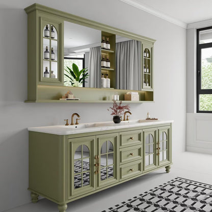 60”-96”Traditional Sage Green Bathroom Vanity with Double Sinks & Glass Door Storage