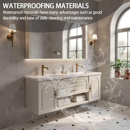 60"-84"Wall-Mounted French Country Bathroom Vanity with Recessed Storage & Lighted Mirror