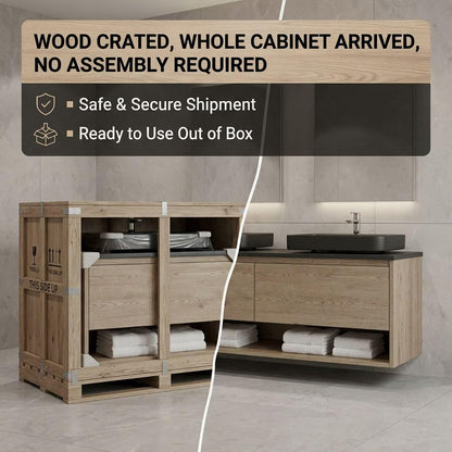 60"-96"Modern Oak Floating Bathroom Vanity with Double Black Vessel Sinks & Open Shelves