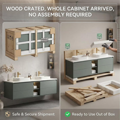 60”-96” Modern Greenish Gray Vanity with Open Shelf & Backlit LED Smart Mirror