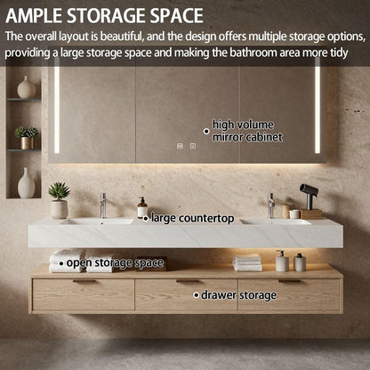 60"-84"Modern Light Wood Bathroom Vanity with Open Shelf & Smart LED Mirror Cabinet