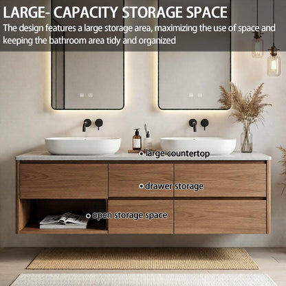 60"-84"Modern Floating Walnut Bathroom Vanity with Stone Top & Open Shelf