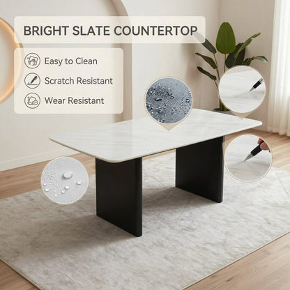 56"-96"Modern White Marble Dining Table with Black Base, 4-6 Seater Rectangular Kitchen Table