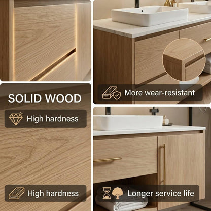 60”-96” Light Wood Floating Bathroom Vanity with Double Sinks & LED Backlit Mirror