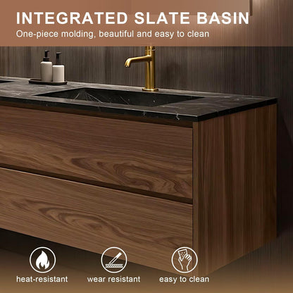 60”-84”Wall Mounted Double Sink Bathroom Vanity with LED Mirror, Wood Floating Cabinet with Black Stone Top, Natural Wood