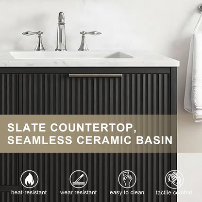 60”-84” Double Sink Bathroom Vanity with LED Mirror, Freestanding Fluted Cabinet with Marble Top, Black