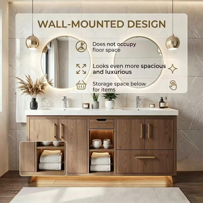 60"-96" Modern Wood Bathroom Vanity with Double Sinks & Gold Hardware