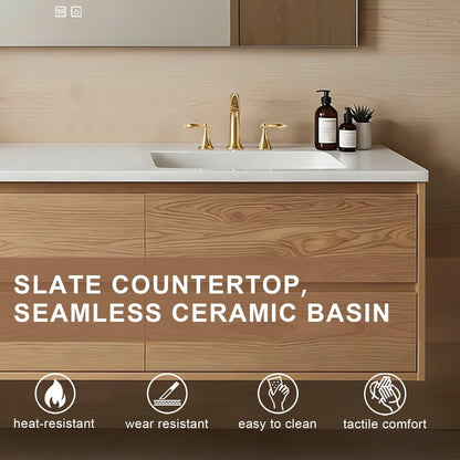 60”-84” Floating Double Sink Bathroom Vanity with LED Defog Mirror, Wall Mounted Oak Wood Vanity with Storage Drawers
