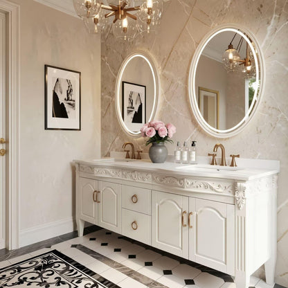 60"-96"White Traditional Bathroom Vanity with Double Sinks & LED Oval Mirrors