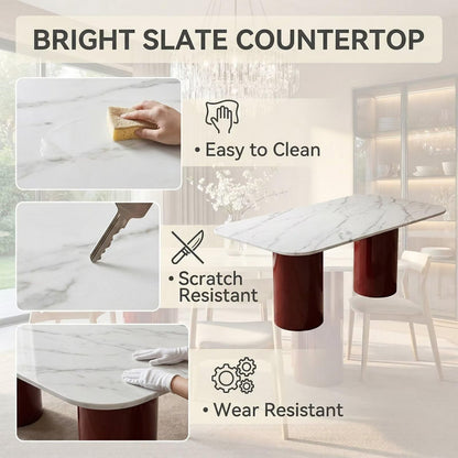 60"-80"Modern Rectangular Dining Table, White Marble Top with Glossy Red Cylindrical Base