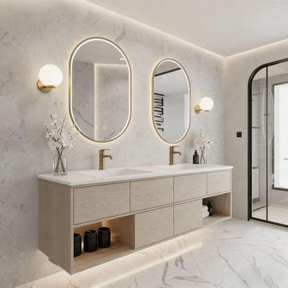 60”-96”Modern Wall-Mounted Vanity with Open LED Shelf & Marble-Look TopModern Wall-Mounted Vanity with Open LED Shelf & Marble-Look TopModern Wall-Mounted Vanity with Open LED Shelf & Marble-Look Top